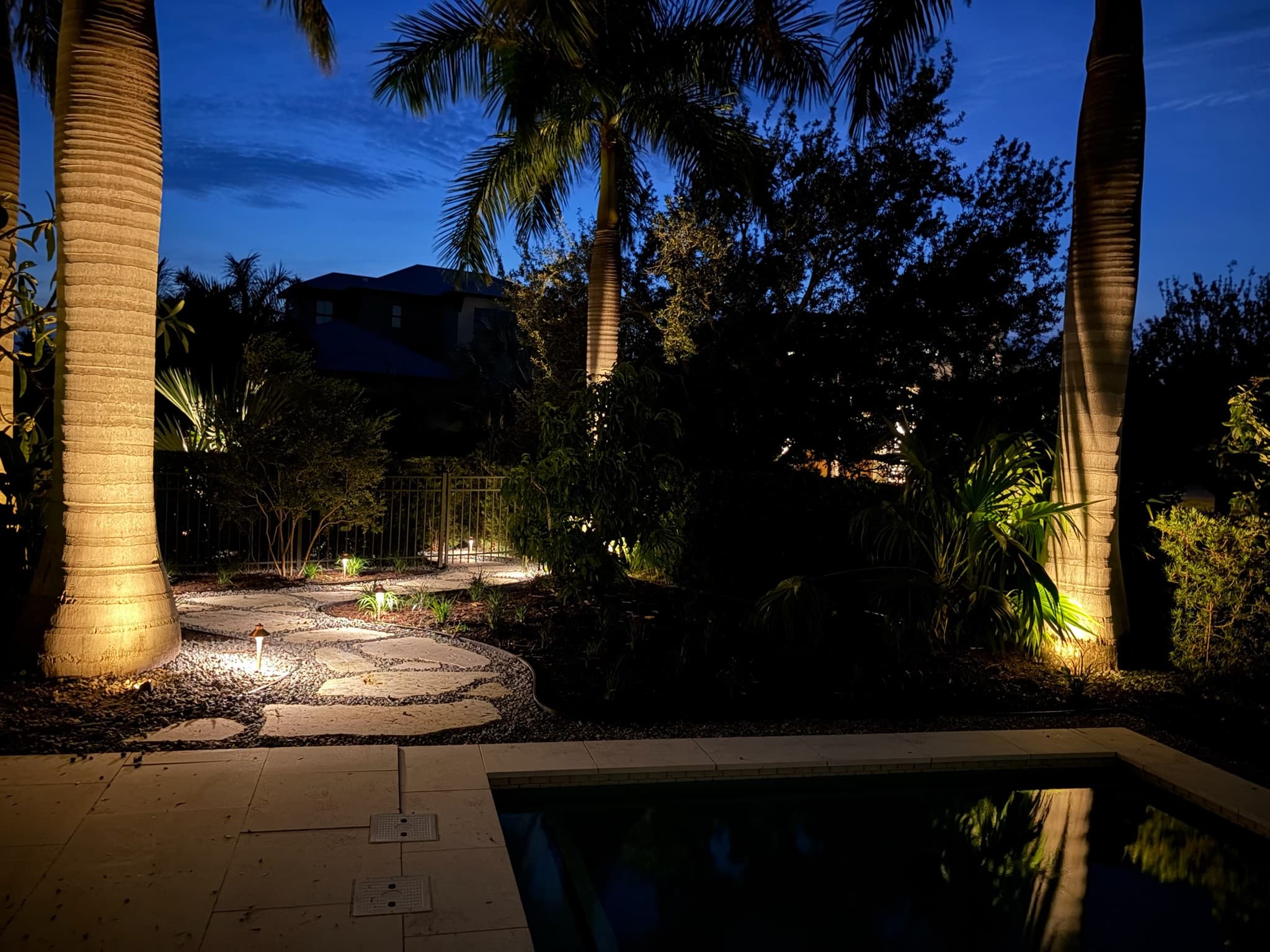 Luxury swimming pool outdoor lighting with illuminated palm tree trunks and stone path lighting in Venice FL