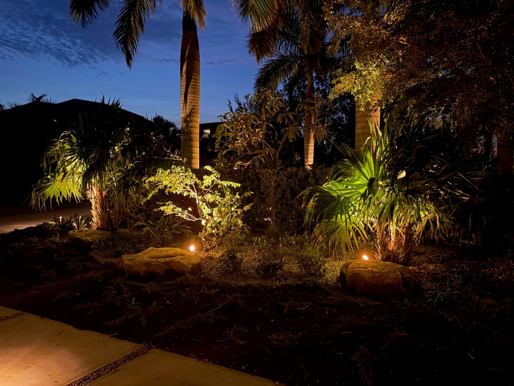Precision brass spotlighting on tropical flowering shrubs, landscape boulders, and fan palms in Florida